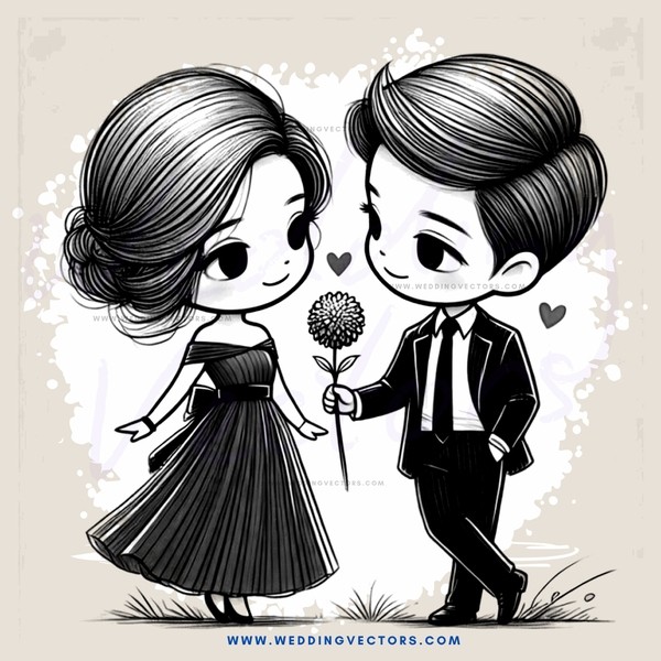 lovebirds holding flower and standing on grass