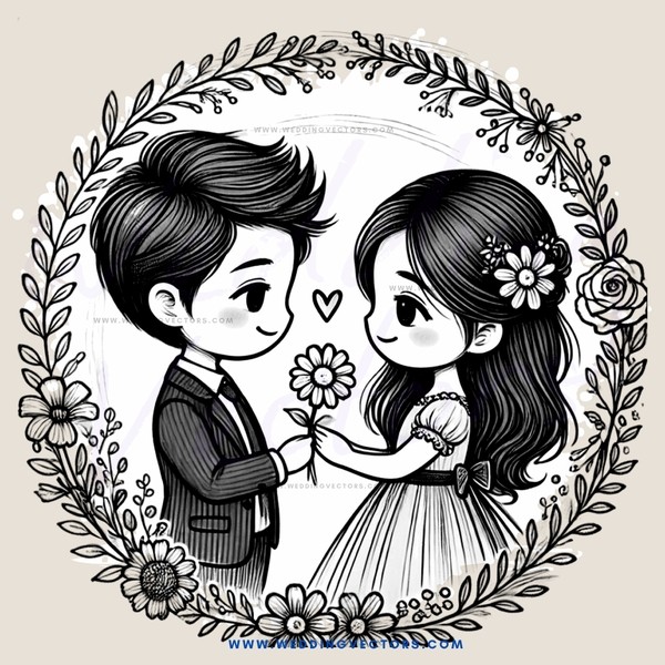 boy and girl embracing each other with flowers around them