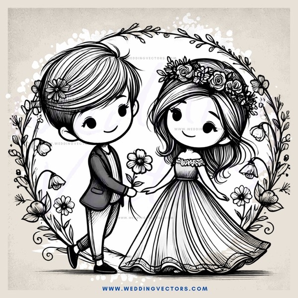 wedding portrait with flowers and birds in black and white image