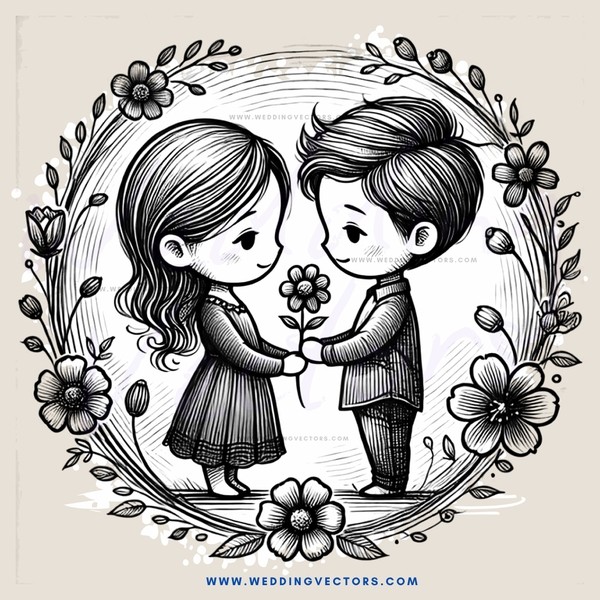 a boy and girl holding flowers in an oval frame with flower decorations surrounding them