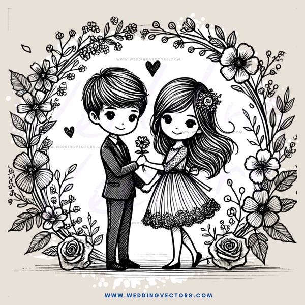 a couple standing under an arch with flowers and hearts