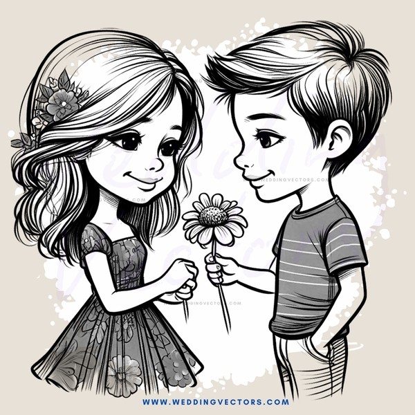 a boy and girl holding flowers