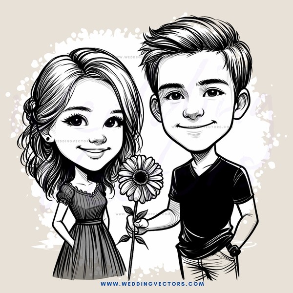 cartoon boy and girl holding flower