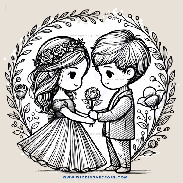 a boy and girl standing in wedding dress