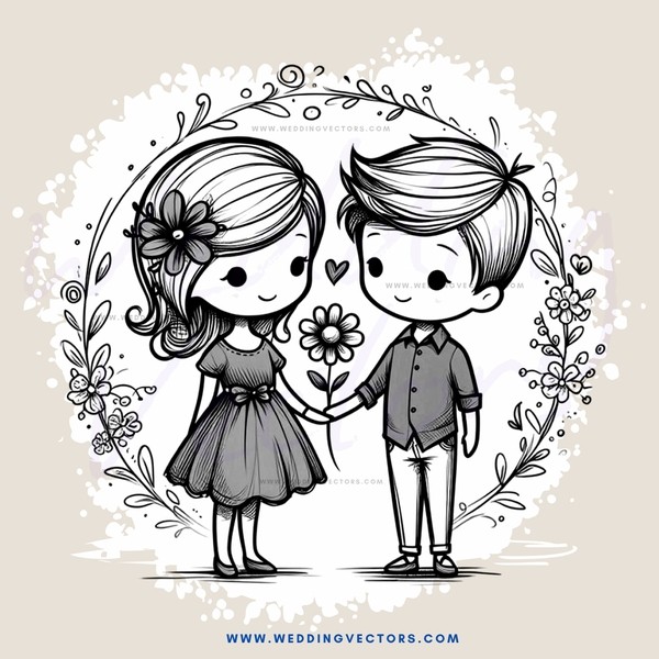 lovers embrace with flowers and leaves