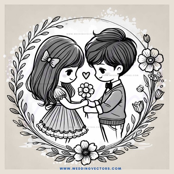 boy and girl leaning in for kiss with flowers and leaves behind them