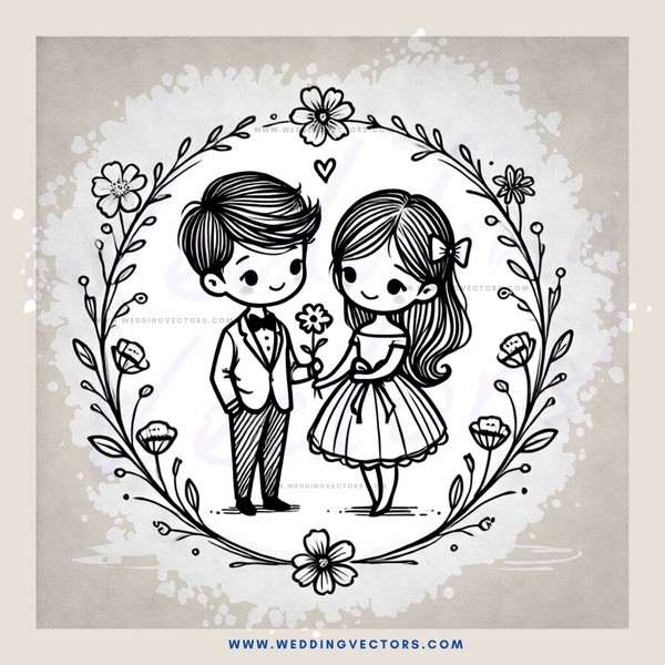 a boy and girl holding hands and flowers