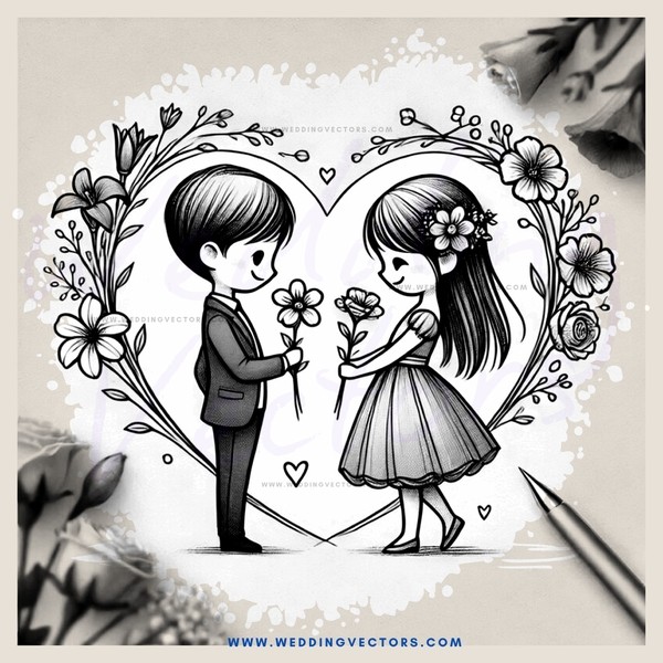 a boy and girl holding flowers in an outlined heart