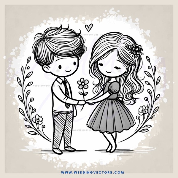 a boy and girl sharing flowers