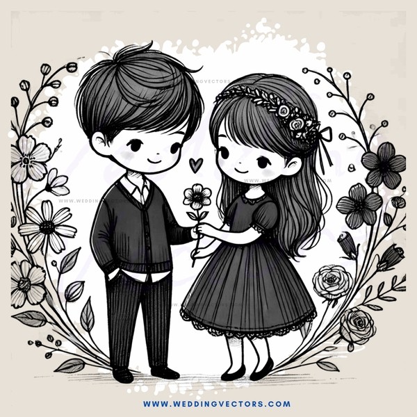 young couple with flowers and trees