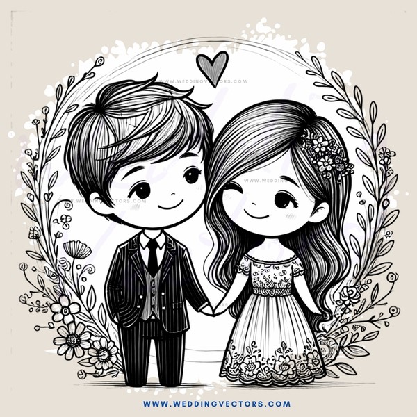 a couple in wedding attire with hearts around them