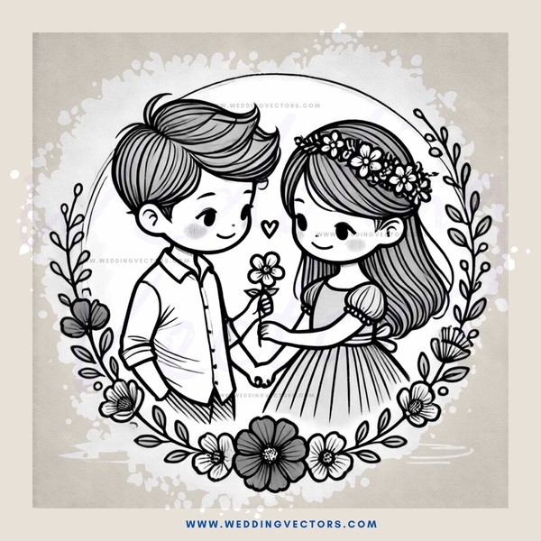 a boy and girl exchanging flowers