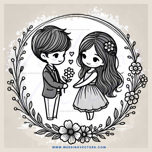 a boy and girl standing together with flowers between them