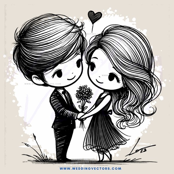 a young couple in black and white illustration