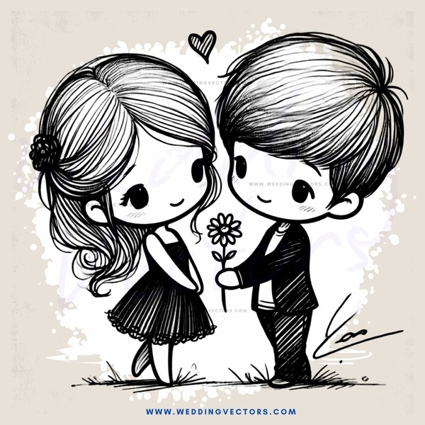 a boy and girl standing together with flowers