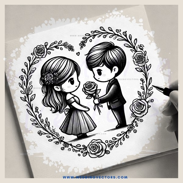 a couple holding hands with roses and vines surrounding them