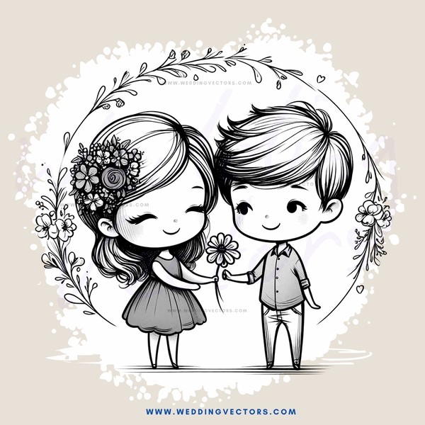 two people hugging and holding flowers in black and white illustration