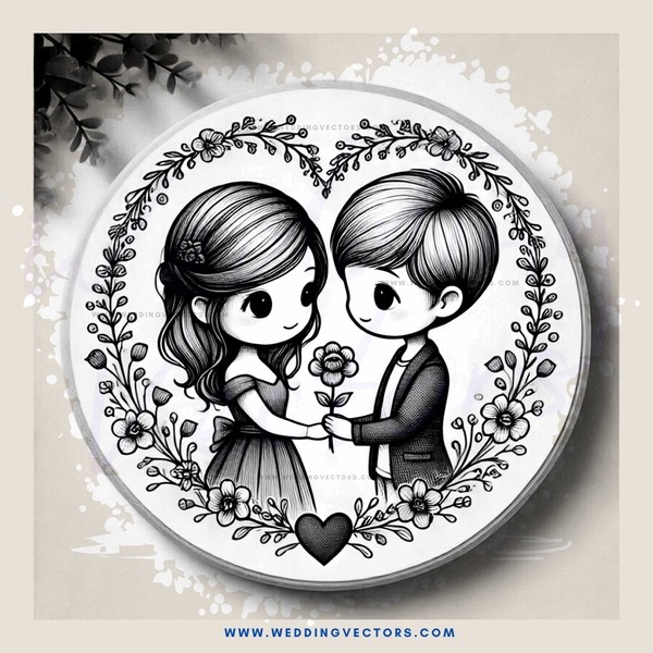 cartoon portrait of boy and girl with flowers around them