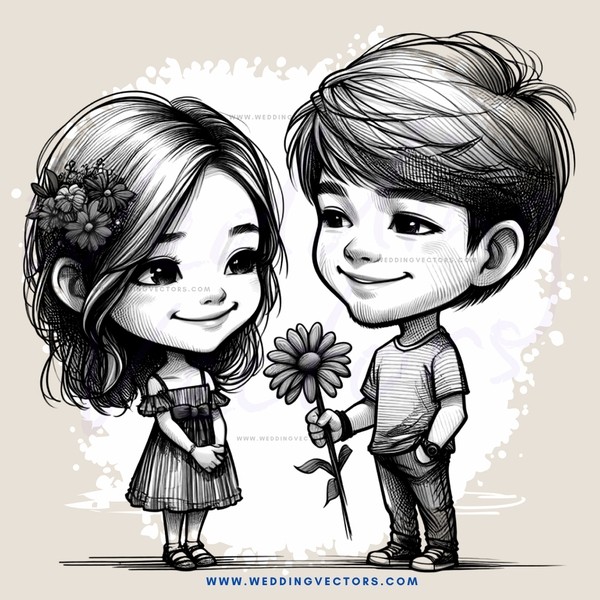 a cartoon drawing of two people looking at flowers