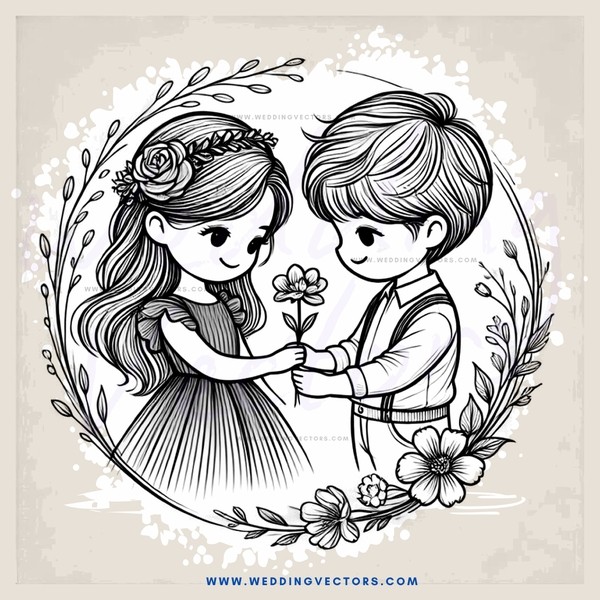 cartoon boy and girl holding flowers