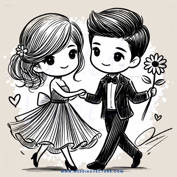 young couple holding flowers and rings