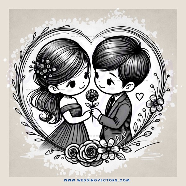 a couple exchange flowers and hearts