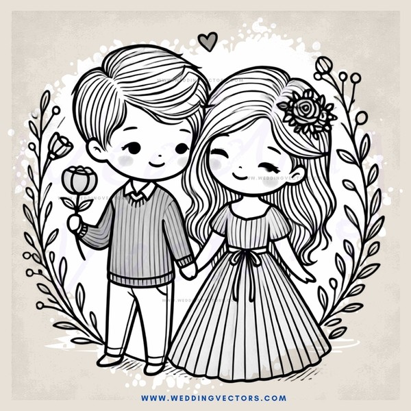 a boy and girl holding hands with flowers on their heads