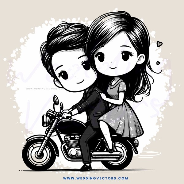 a couple on a motorcycle with hearts and flowers in the corner