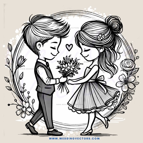 a boy and girl holding flowers