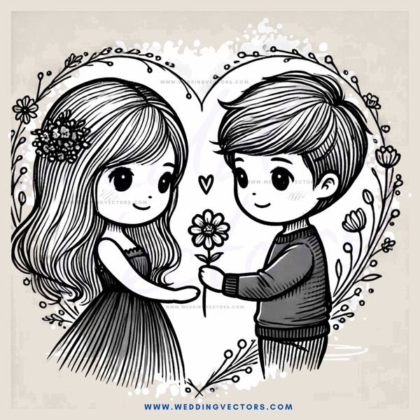 heartwarming couple portrait with floral background in black and white