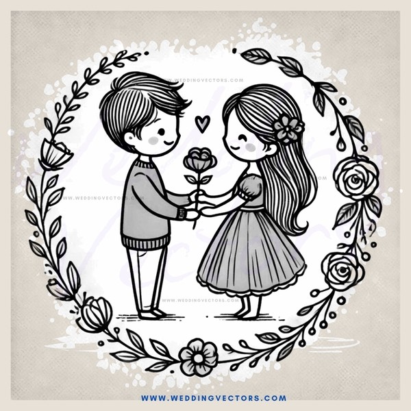 a boy and girl sharing flowers