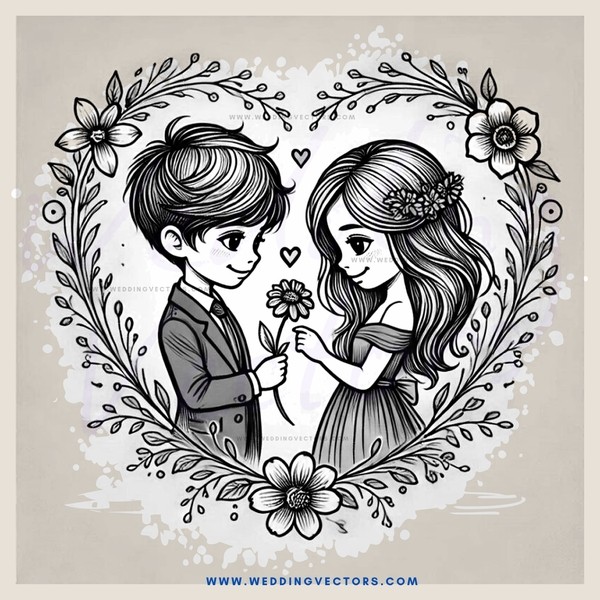 lovers' portrait with floral border