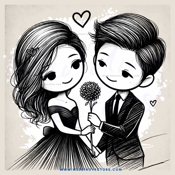 couple holding flower and handing out heart symbols