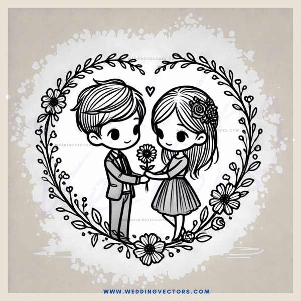 a boy and girl standing together, holding flowers