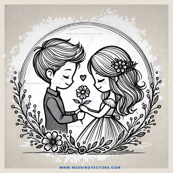 a boy and girl sharing flowers
