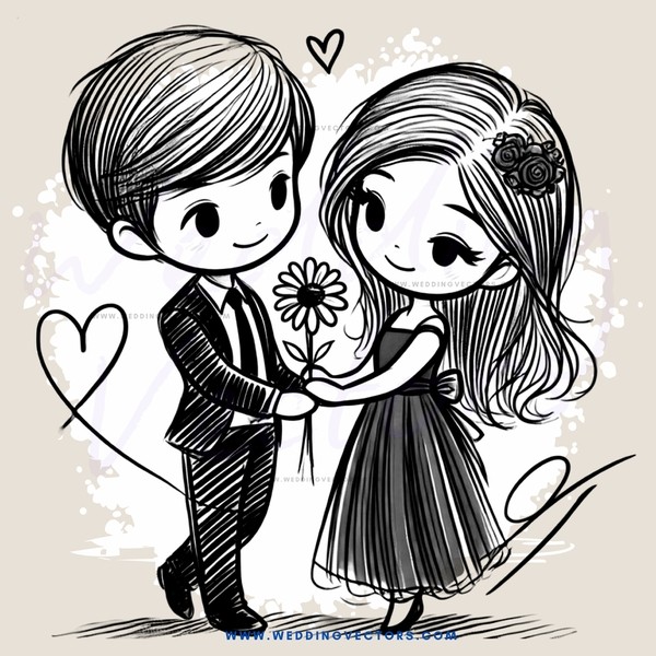 a boy and girl hugging with a flower in her hair