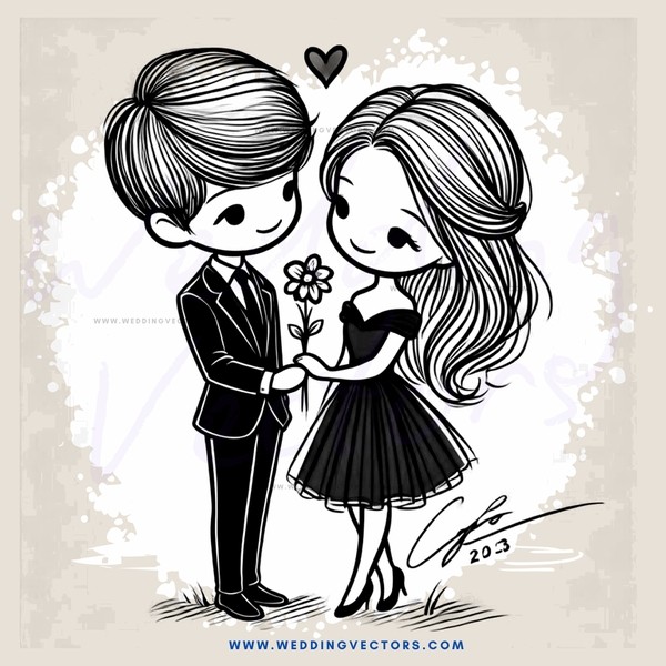 boy and girl standing together holding flower and hand