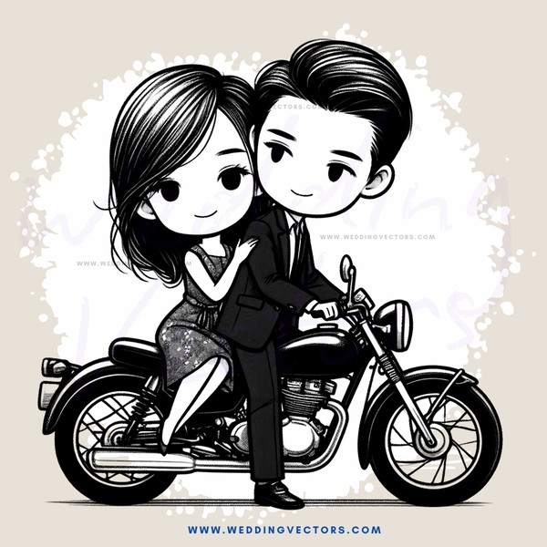 couple on motorcycle in cartoon style image