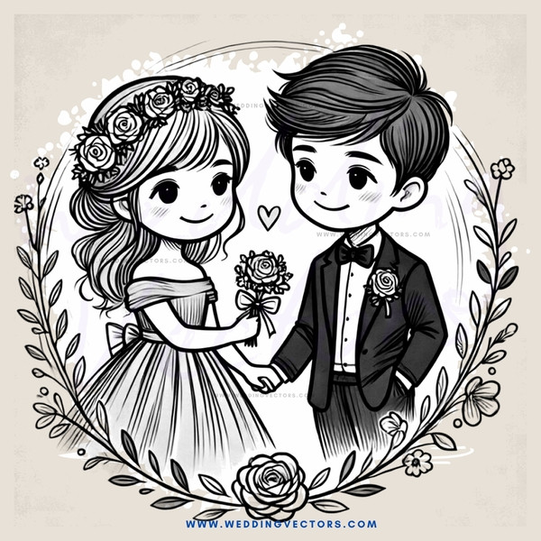 a bride and groom holding hands with flowers