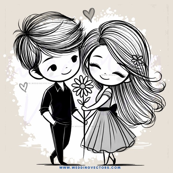 lovers' embrace with floral touches and heart symbols