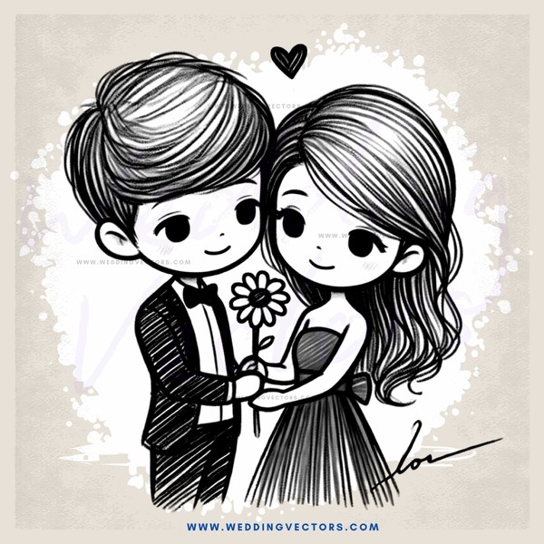 a couple with flowers and hearts