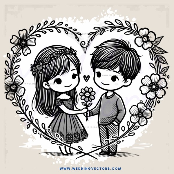 a couple holding flowers in an outline drawing