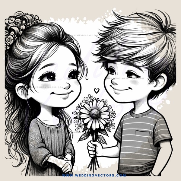kissing boy & girl, one with flower