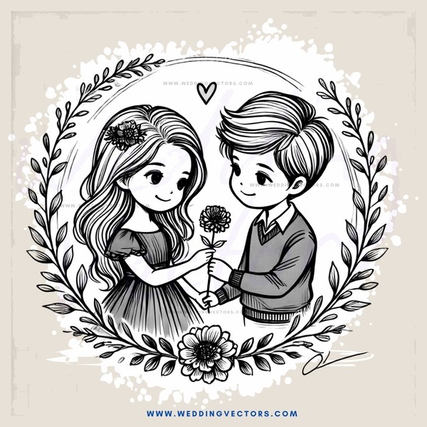 a boy and girl holding flowers in a circular frame