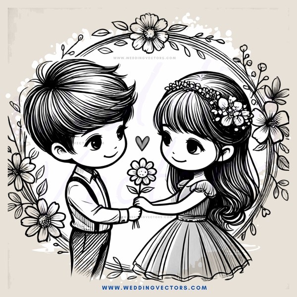 a boy and girl hugging with flowers on their heads