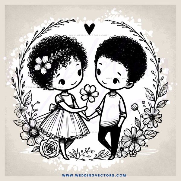 a boy and girl standing next to each other with flowers