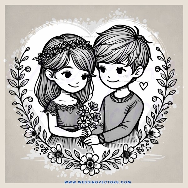 a cartoon boy and girl hugging with flowers