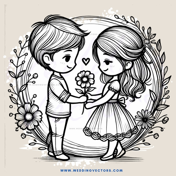 a boy and girl holding flowers in an oval frame with floral border