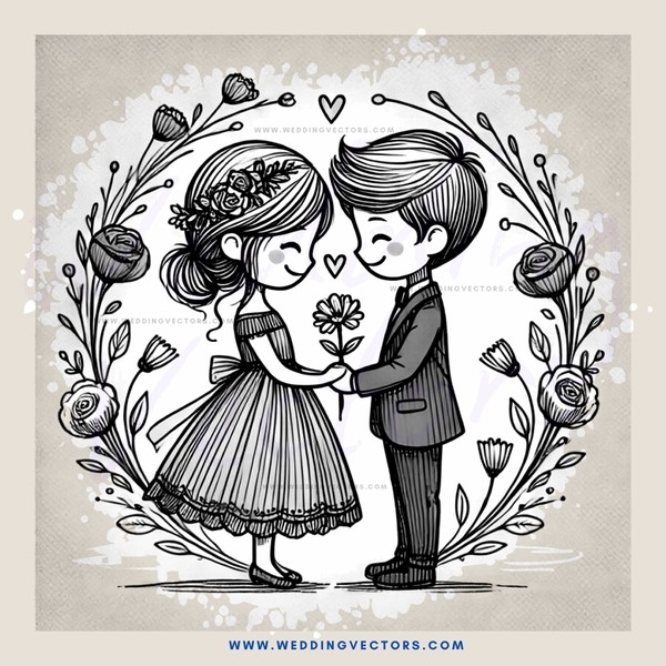 couple in wedding bouquet embracing each other with flowers and butterflies