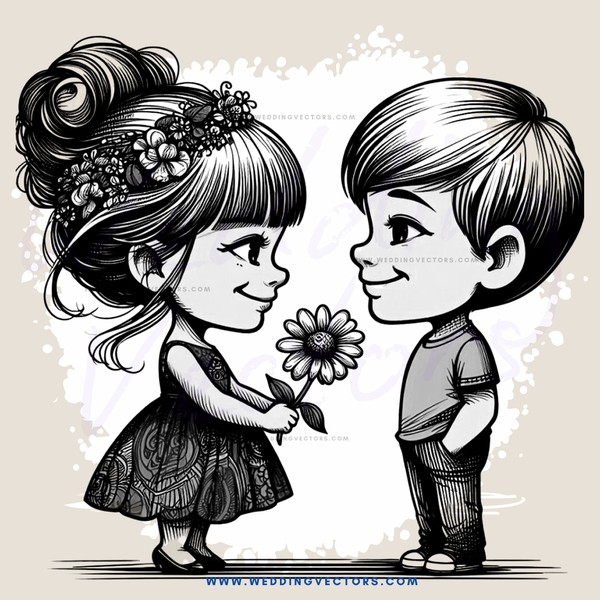 cartoon kids holding flowers and smiling